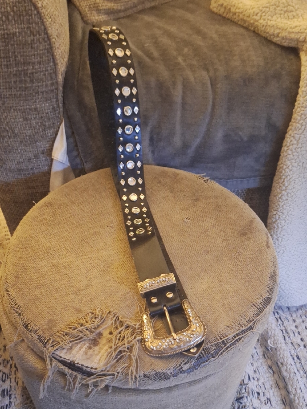 Source Unknown Black Studded Belt with Ornate Gold Buckle